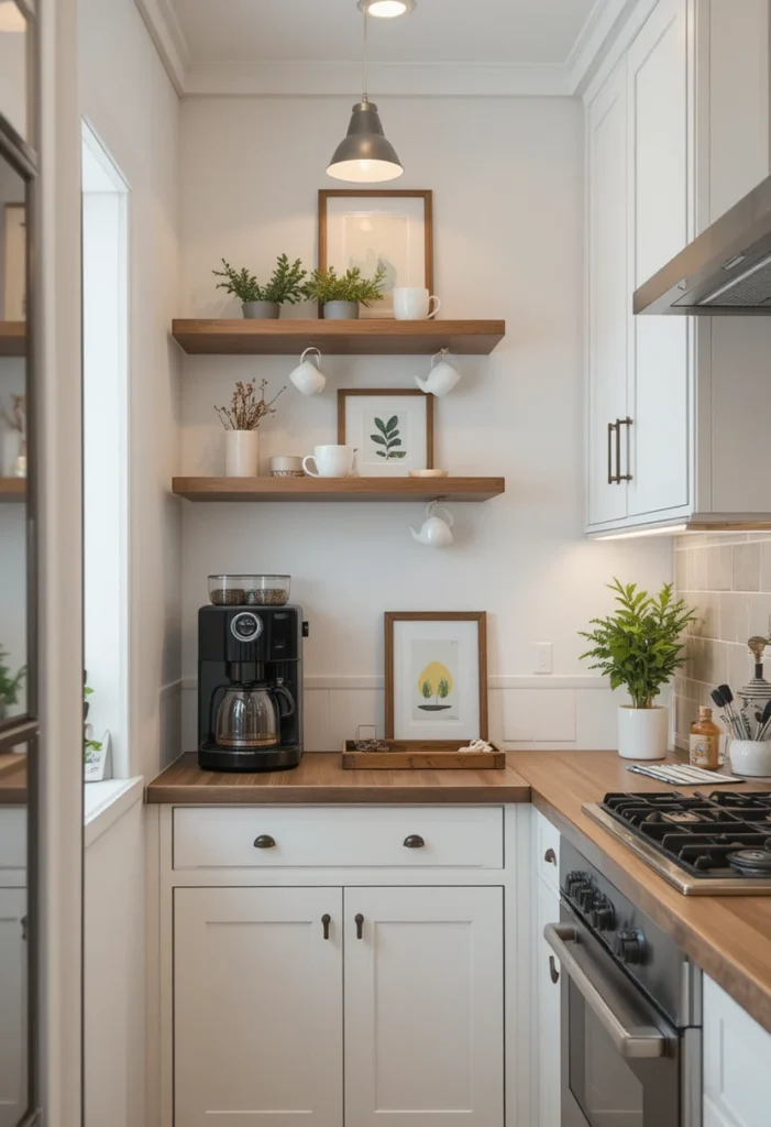 Galley kitchen coffee station with espresso machine, mugs, and floating shelves at the end of the space.