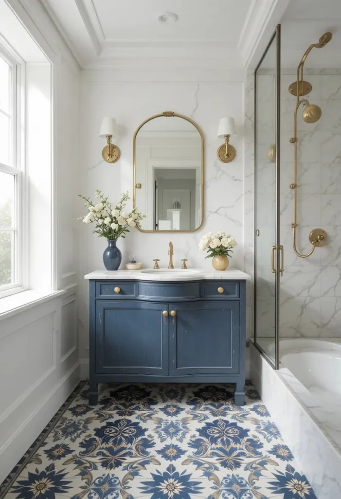 Decorative encaustic patterned floor tiles adding character to a bathroom.