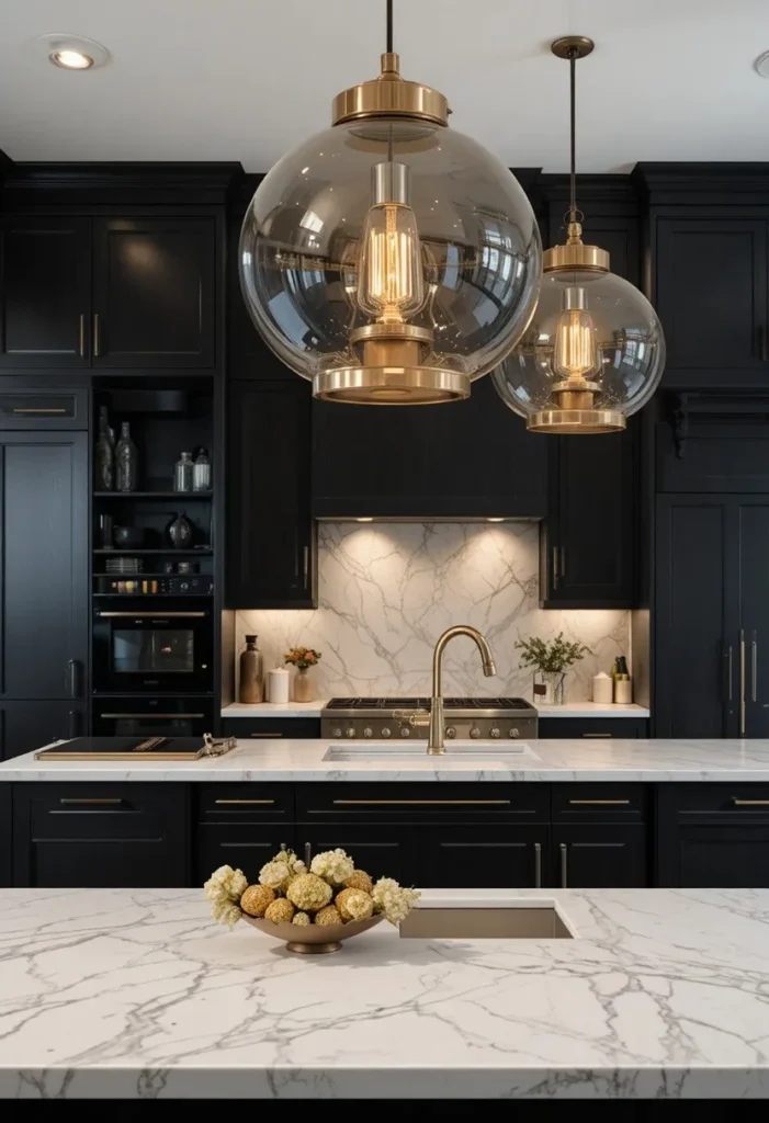 Stylish kitchen with black appliances and dramatic statement lighting