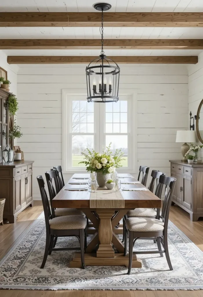 Lantern-style chandelier bringing farmhouse charm to a dining room.