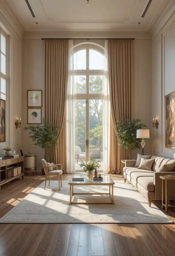 Long curtain panels extending from ceiling to floor in a stylish living room.