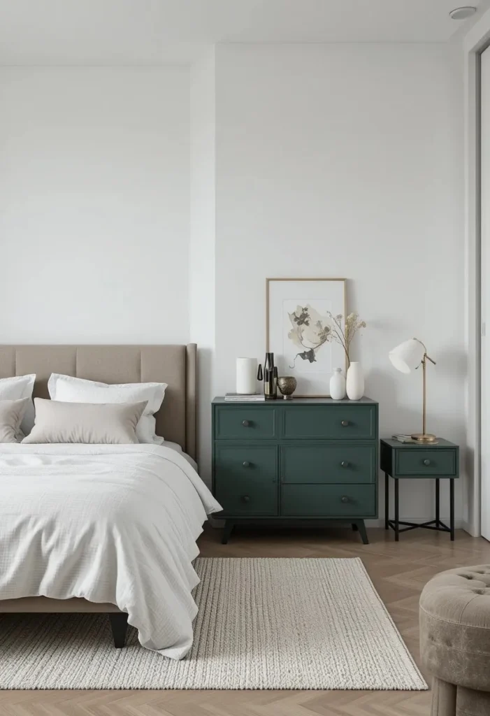 Minimal bedroom featuring a bold dark green dresser as a statement furniture piece