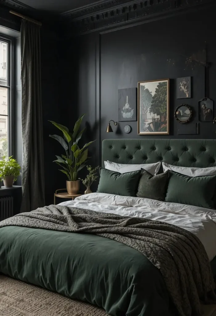 Black and green bedroom with plants and rich natural textures