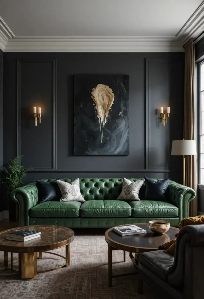 Green leather couch highlighted by a dark moody accent wall.