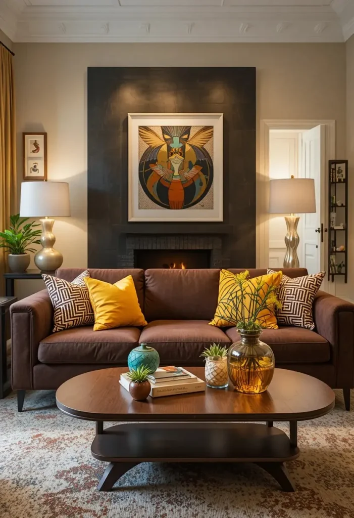 Mustard yellow accents creating contrast on a brown sofa.
