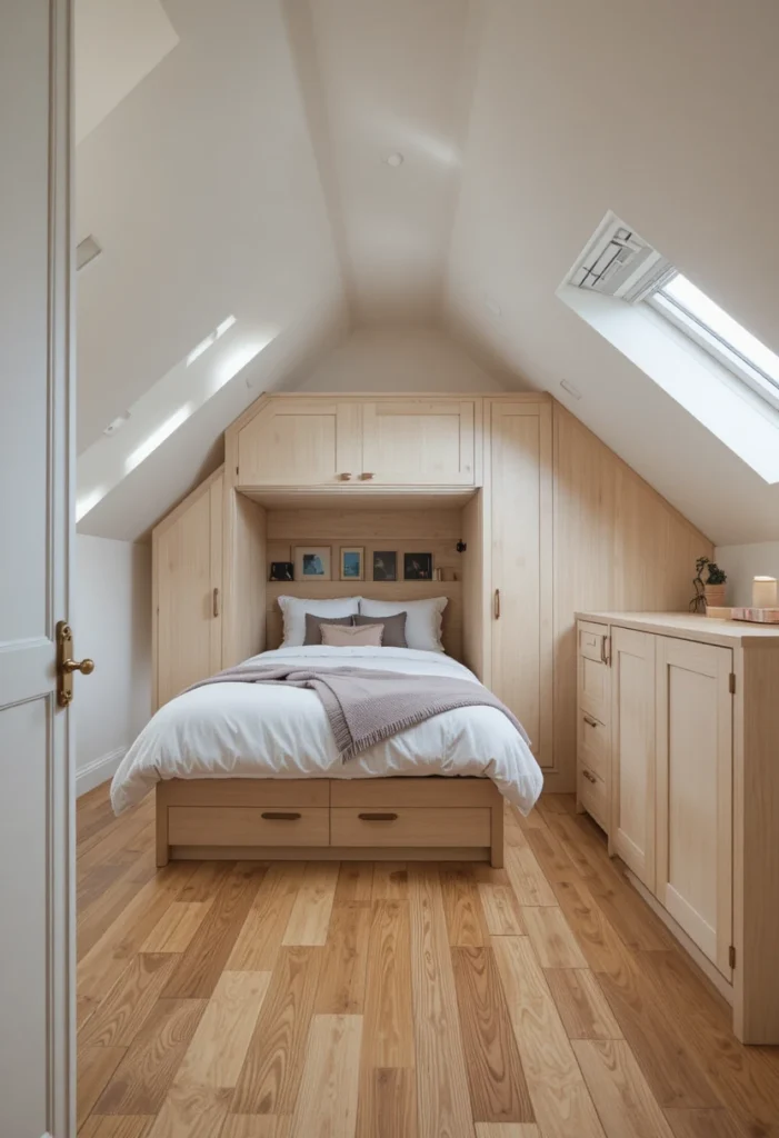 Horizontal Murphy bed installed in a room with low ceilings and sloped rooflines.