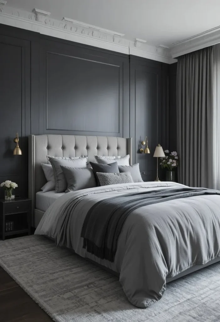 Monochrome dark gray bedroom using layered shades and textures for depth and elegance.