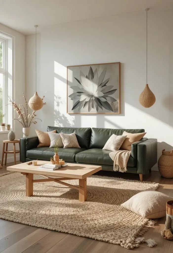 Green leather couch anchored by a natural jute rug in a warm and inviting living room.