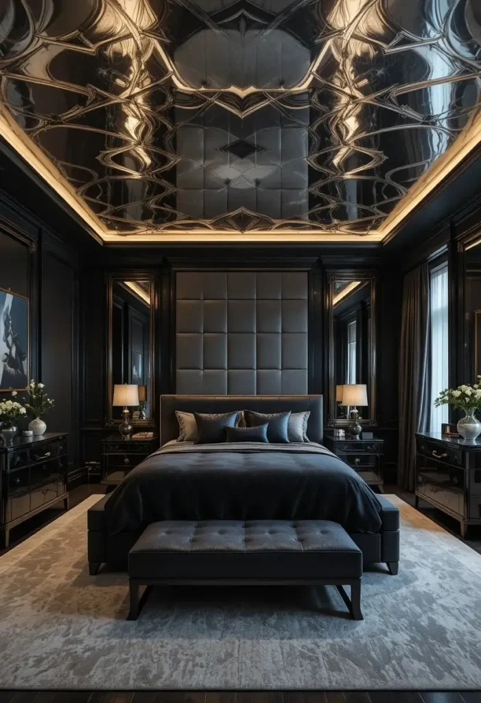 Silver ceiling paired with black walls for a dramatic glamorous bedroom.