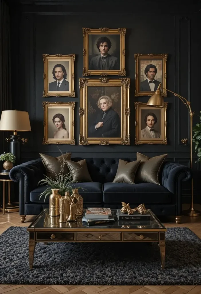 Black couch paired with gold accents for a glamorous luxury living room.