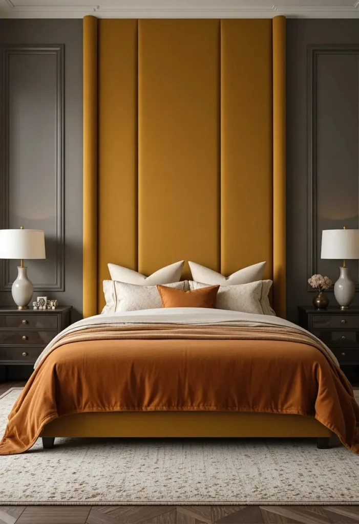 Mustard yellow velvet headboard creating a dramatic focal point in a stylish bedroom.