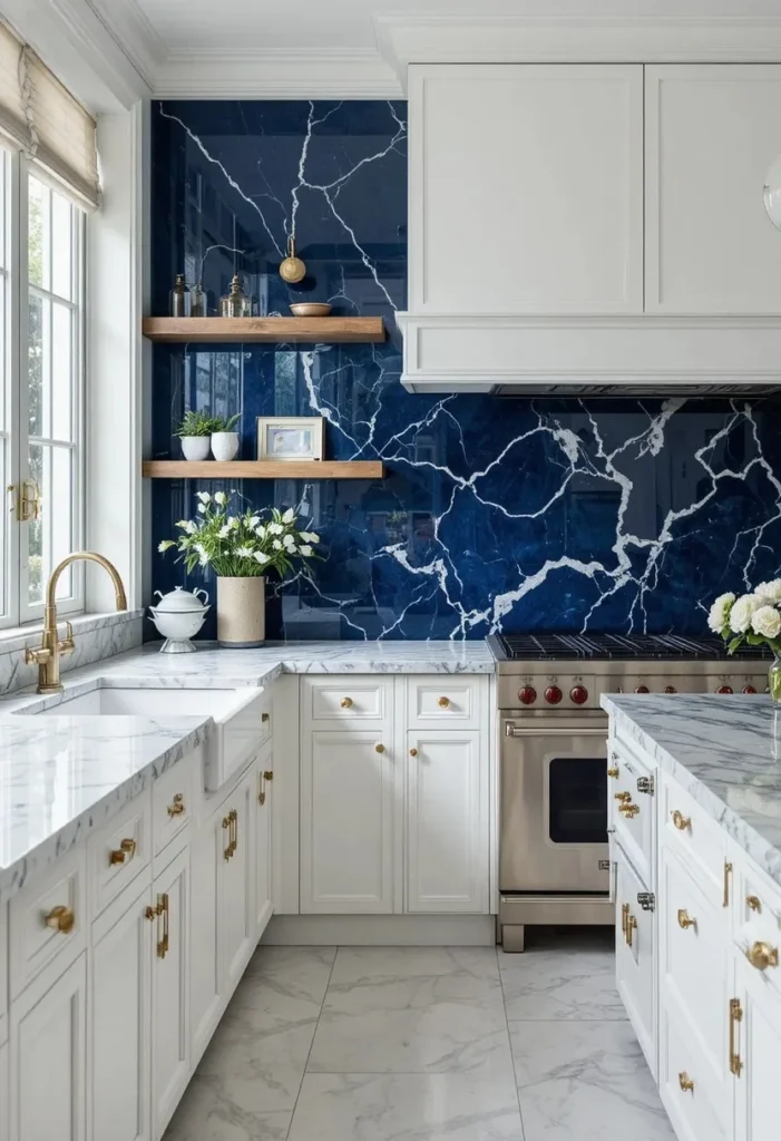 Navy blue glossy tile backsplash creating a bold kitchen statement.