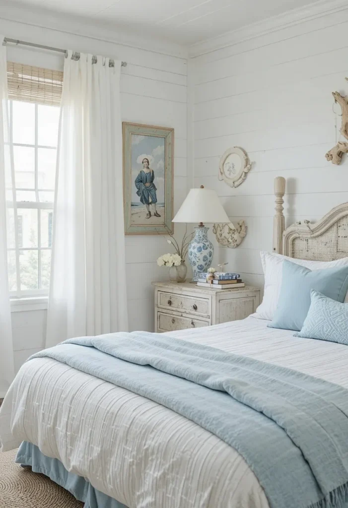 Coastal bedroom with blue accents and white shiplap walls
