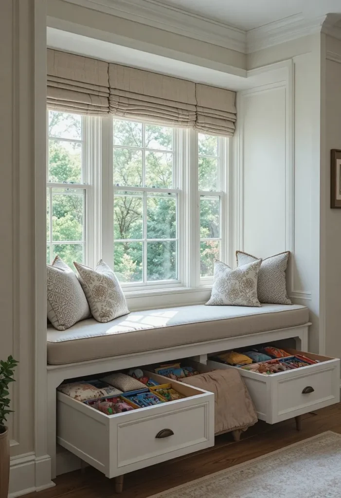 Window seat with hidden storage drawers that keep toys organized and out of sight.