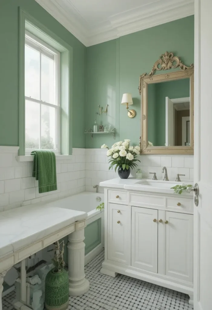 Green and white bathroom with timeless decor and fresh accents