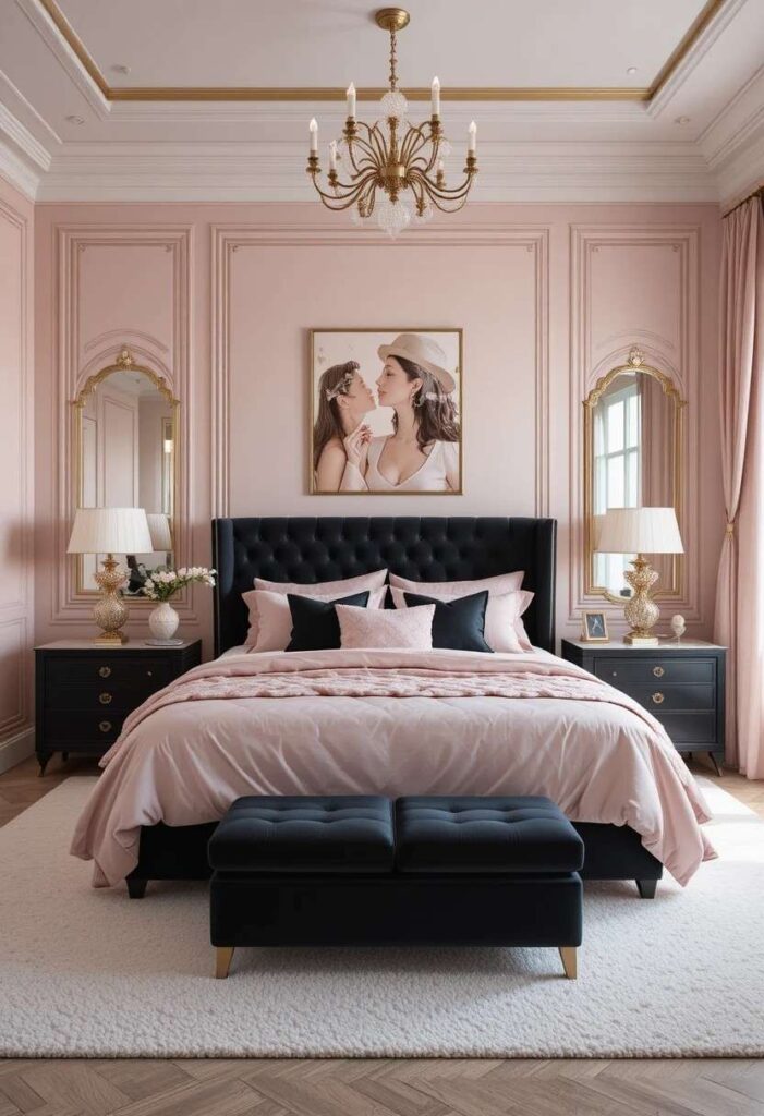 Pink and black bedroom enhanced with marble textures and metallic details.