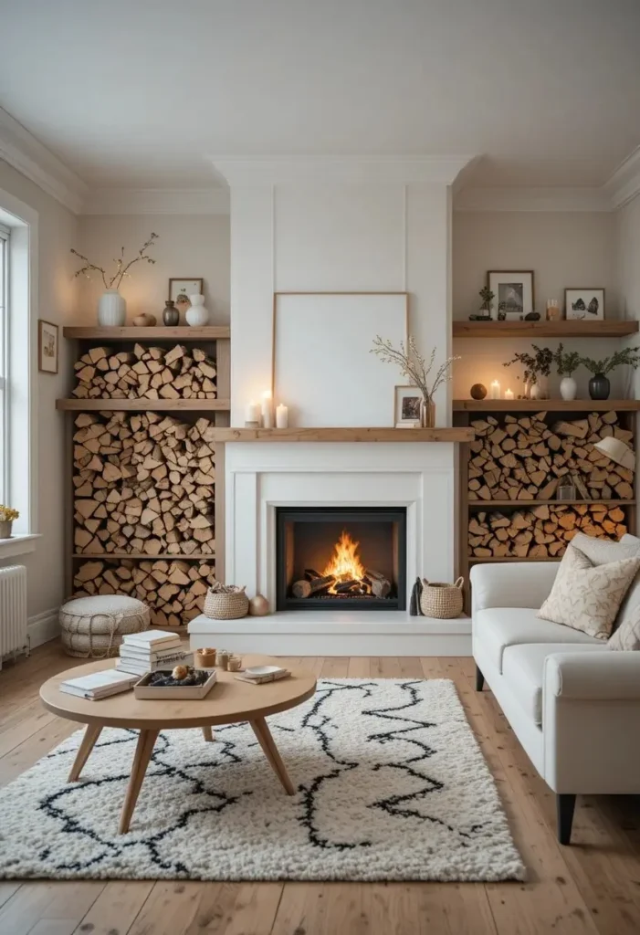 Cozy Scandinavian living room featuring a simple fireplace and warm natural materials.