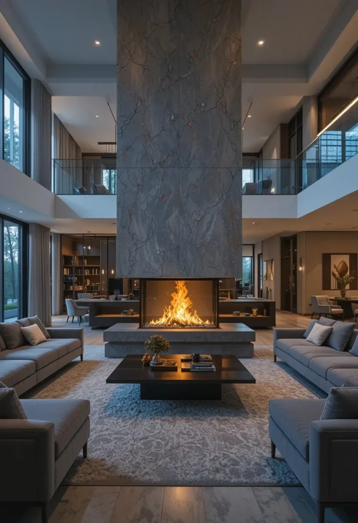 Double-sided fireplace serving as a functional divider between living spaces.