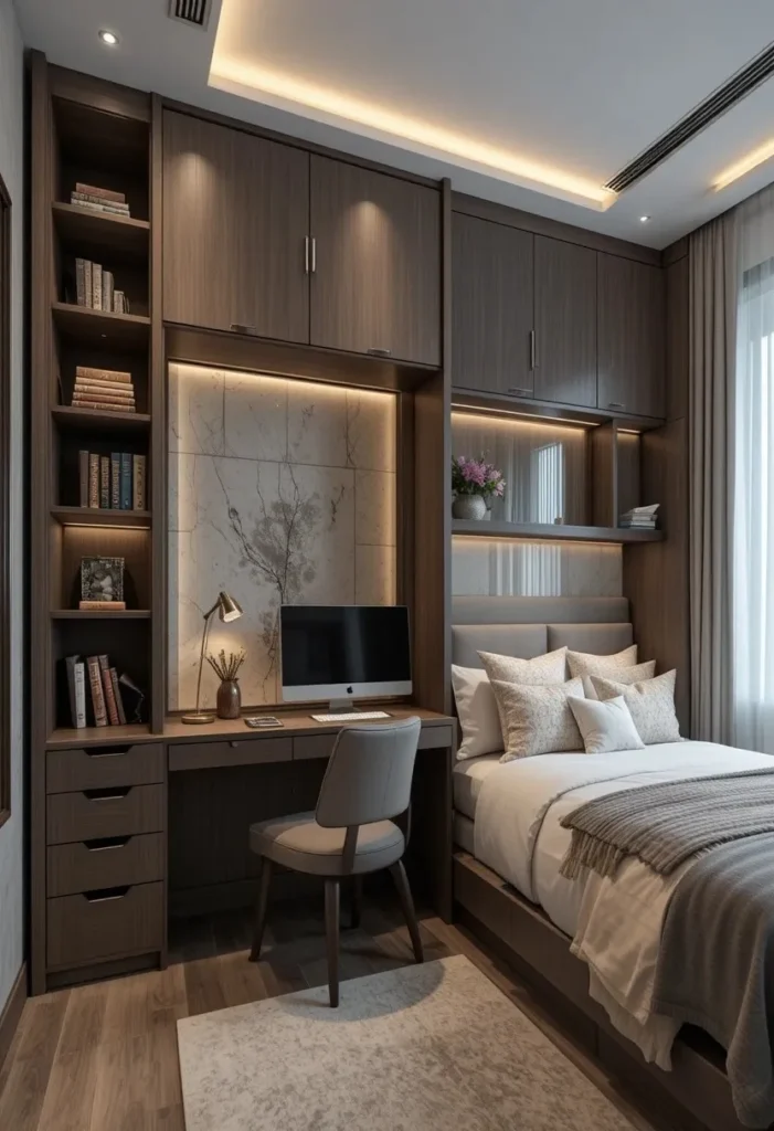 Complete Murphy bed wall system combining sleeping, storage, seating, and workspace solutions.