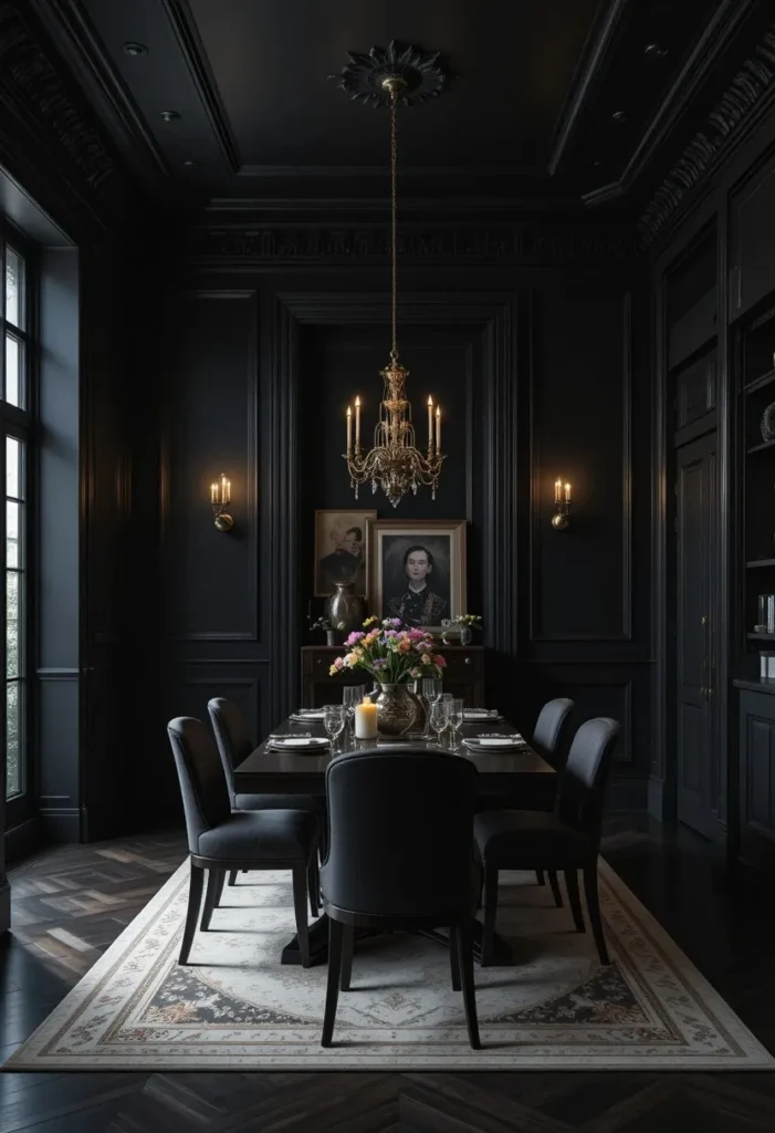 Moody dining room with charcoal walls, ceiling, and trim creating a dramatic cocoon-like atmosphere.