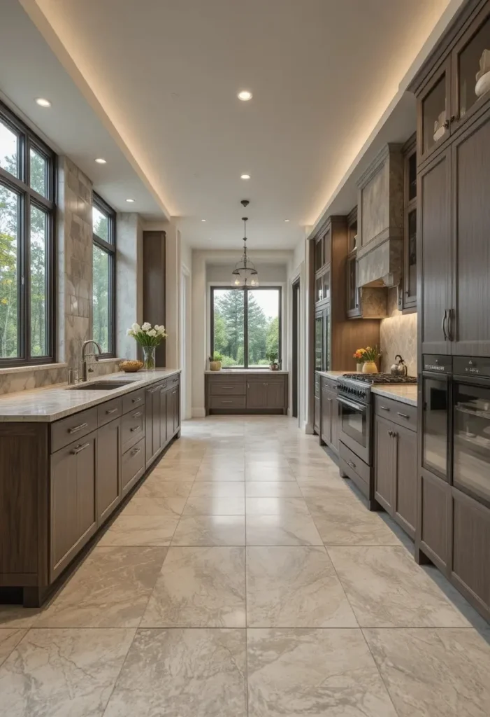 Long kitchen with large floor tiles creating a spacious clean look