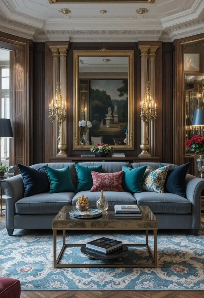 Grey couch styled with jewel-tone accessories for a rich and luxurious look.