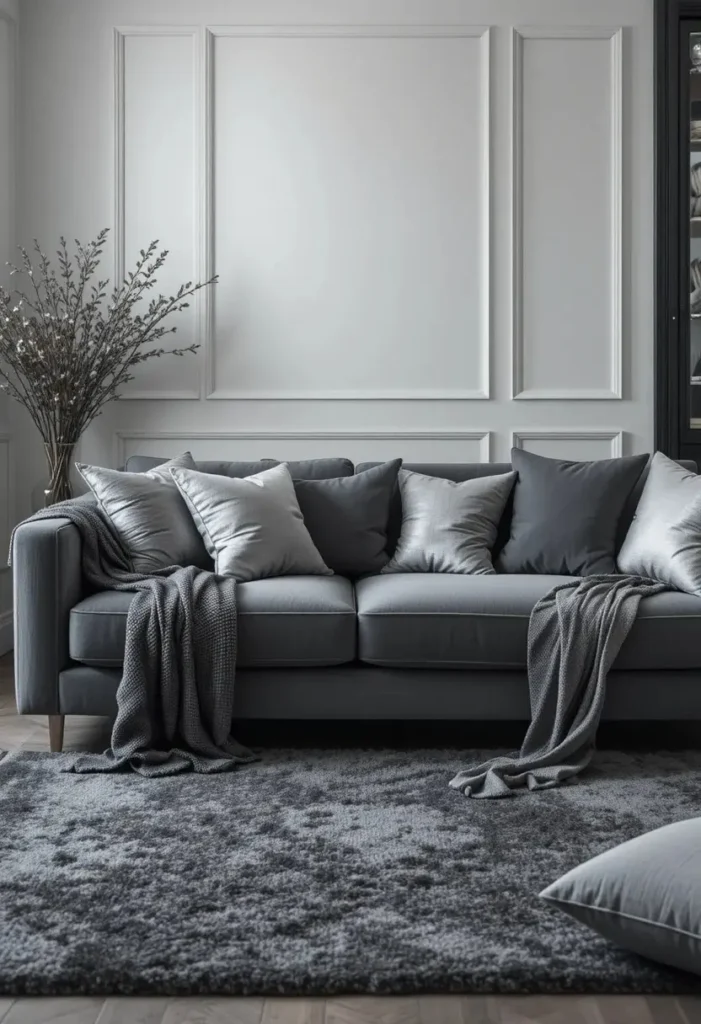 Grey couch surrounded by layered shades of grey for a chic monochrome living room.