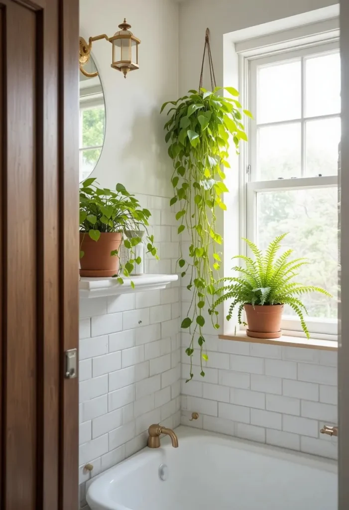 Guest bathroom decorated with green plants and natural accents