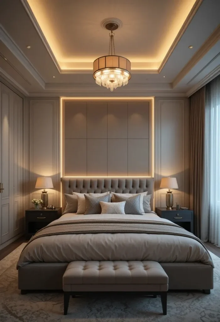 Master bedroom featuring layered lighting with bedside lamps and warm ambient illumination.