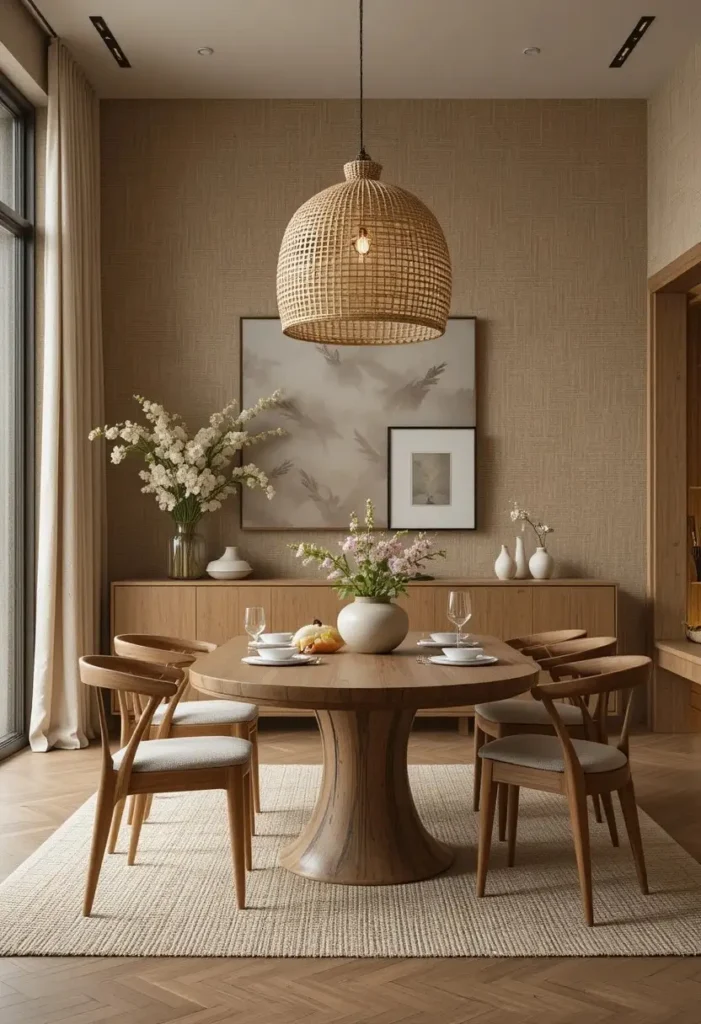 Dining room featuring textured grasscloth wallpaper for warmth and depth.