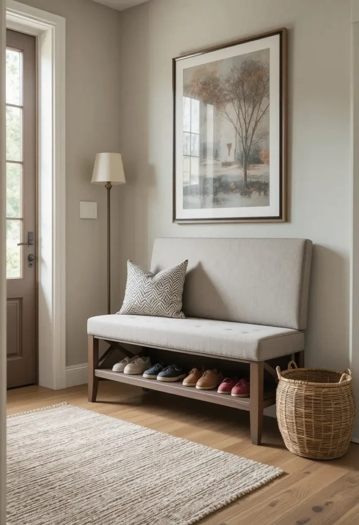 Entryway storage bench with hidden compartment storing multiple pairs of shoes.