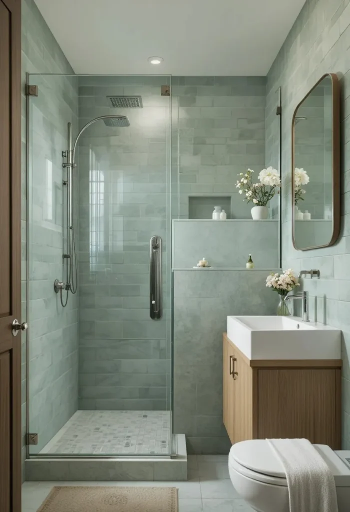 Walk-in shower with a glass half-wall creating an open and airy bathroom layout.