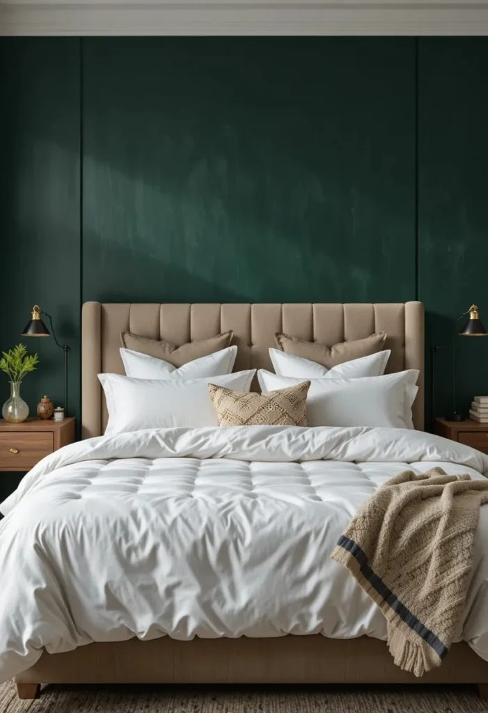 Deep forest green accent wall behind a bed with white bedding and brass lighting.