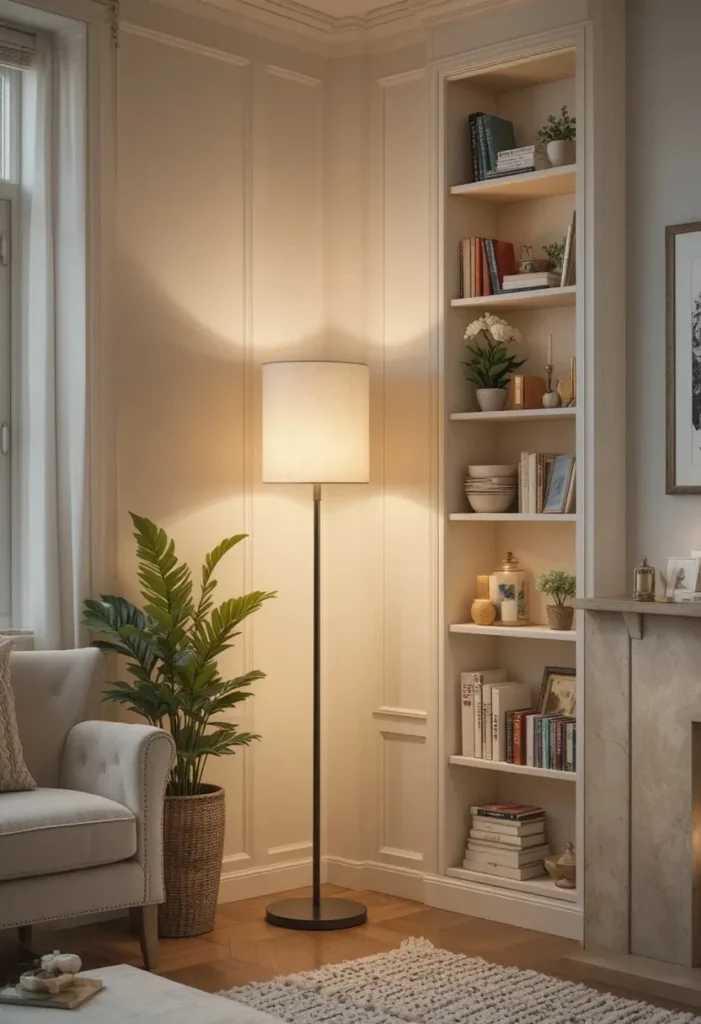 Floor lamp with built-in shelves providing lighting and display space.