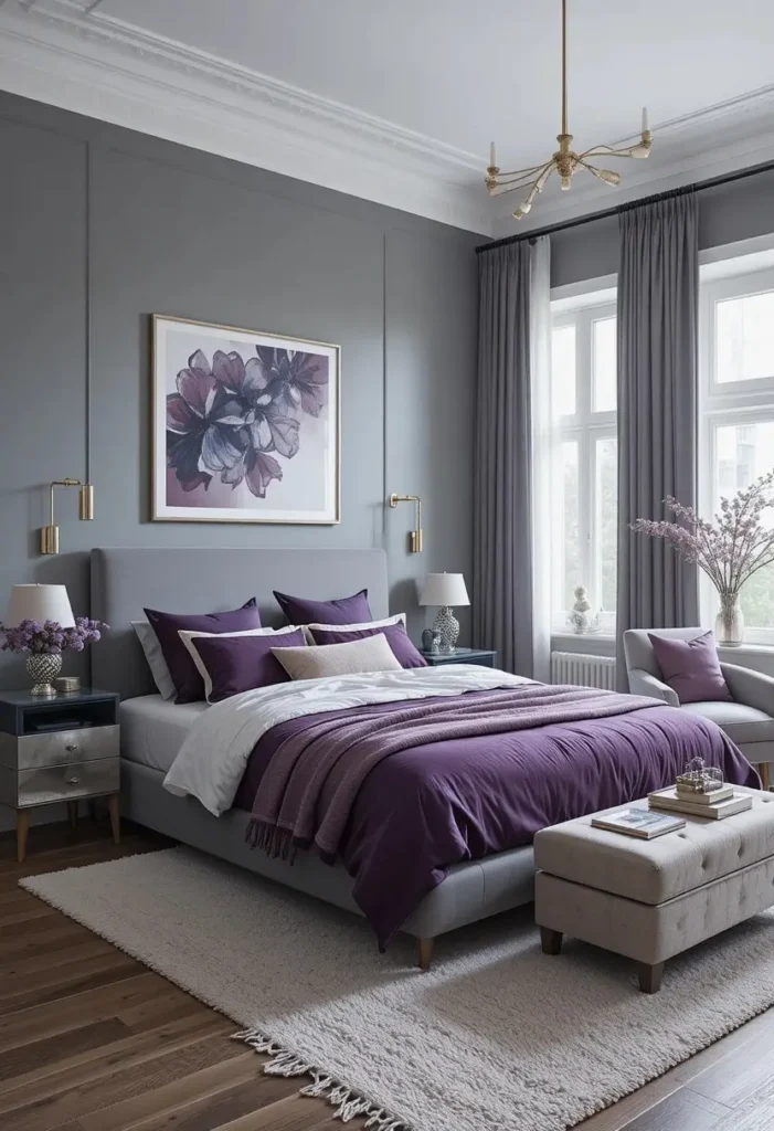 Modern purple and gray bedroom with a sophisticated and balanced color palette.