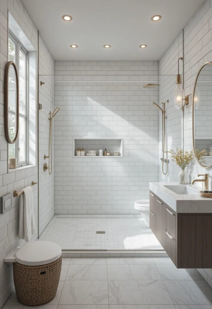 Small bathroom featuring a frameless glass walk-in shower with white subway tiles and brass fixtures.