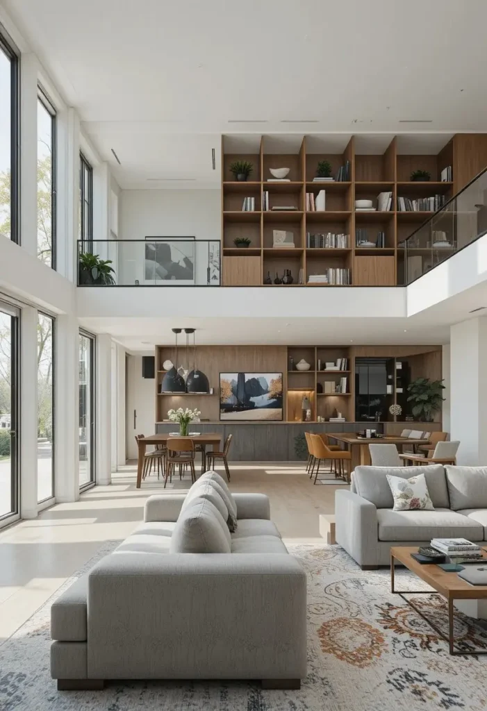 Half wall with open shelving creating distinct zones in a living space.