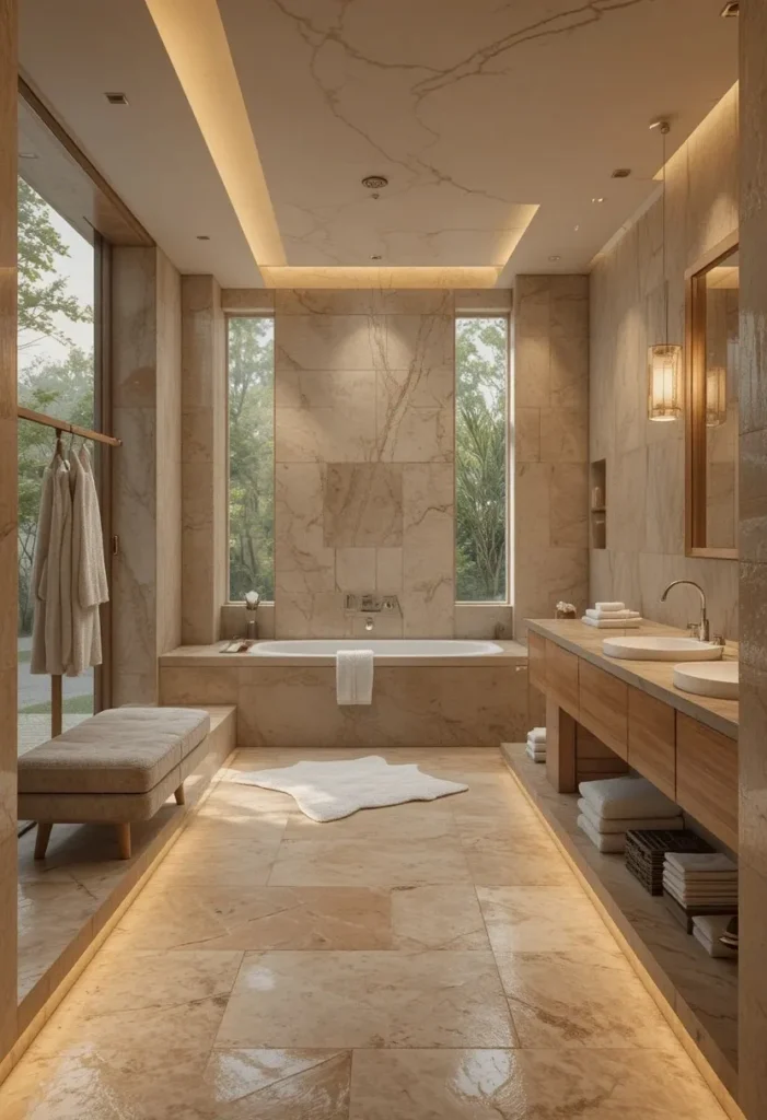 Elegant primary bathroom with heated stone flooring and spa-like comfort.