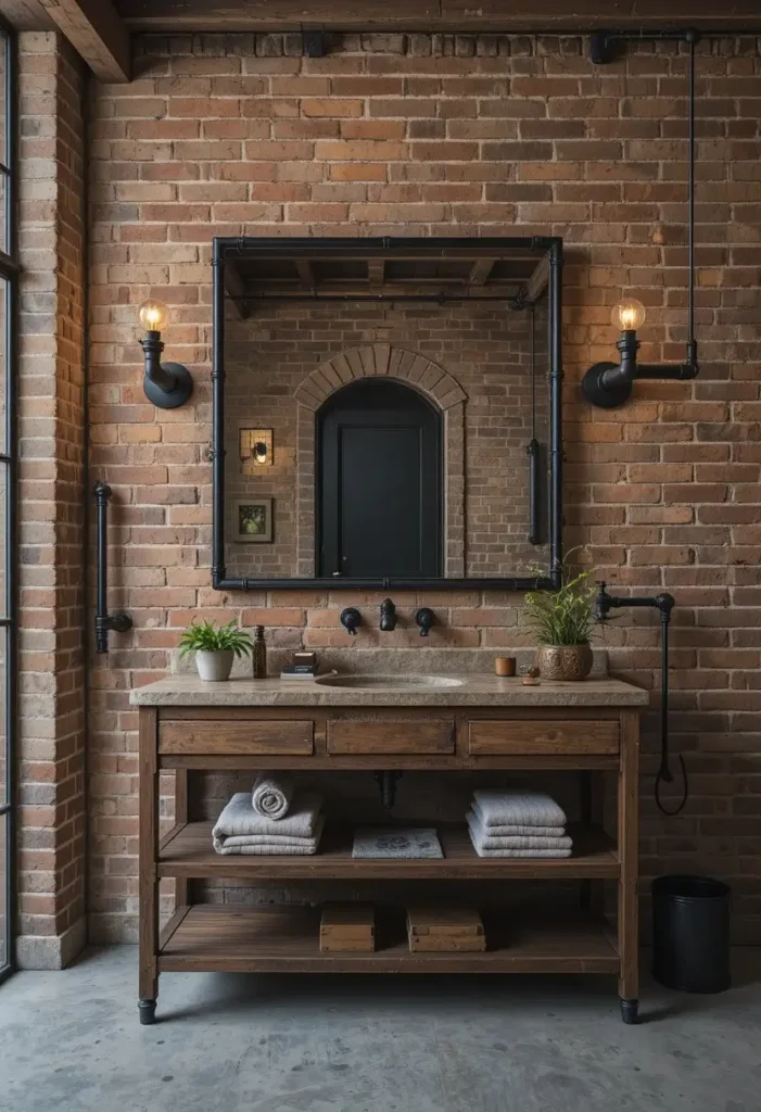 Industrial pipe-framed bathroom mirror above a reclaimed wood vanity in a modern loft bathroom.