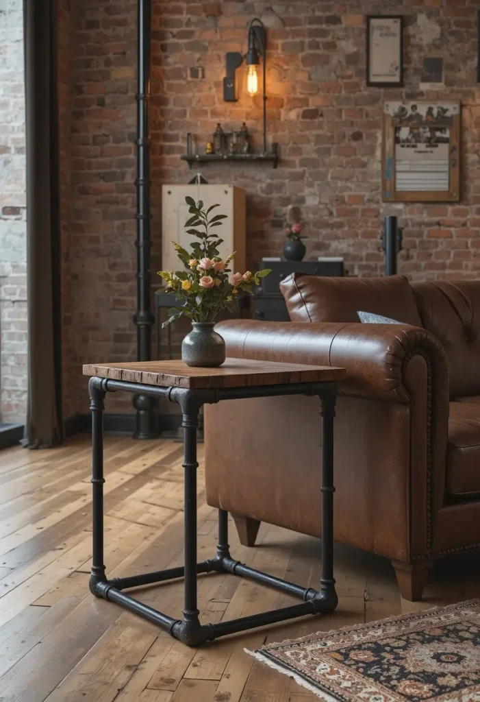 Industrial pipe and wood side table paired with rustic and urban living room decor.