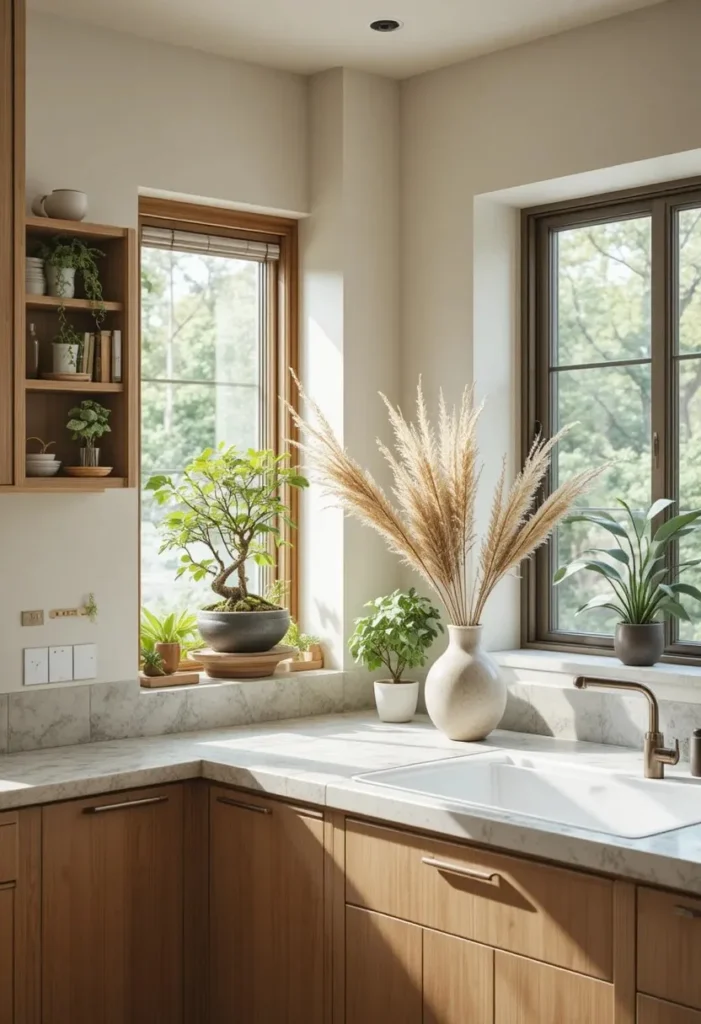 Japandi kitchen decorated with bonsai, pothos, and natural greenery.
