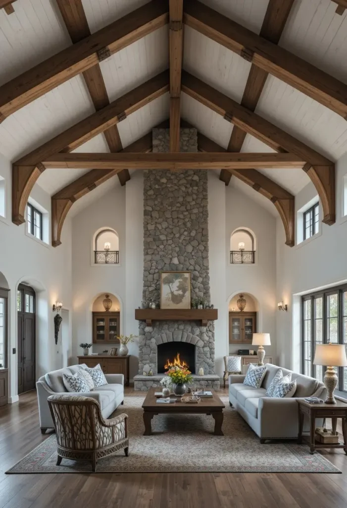 Exposed wooden ceiling beams enhancing rustic farmhouse living room warmth.