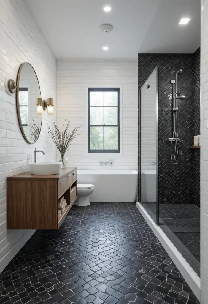 Bathroom with black penny tile flooring and contrasting white grout.