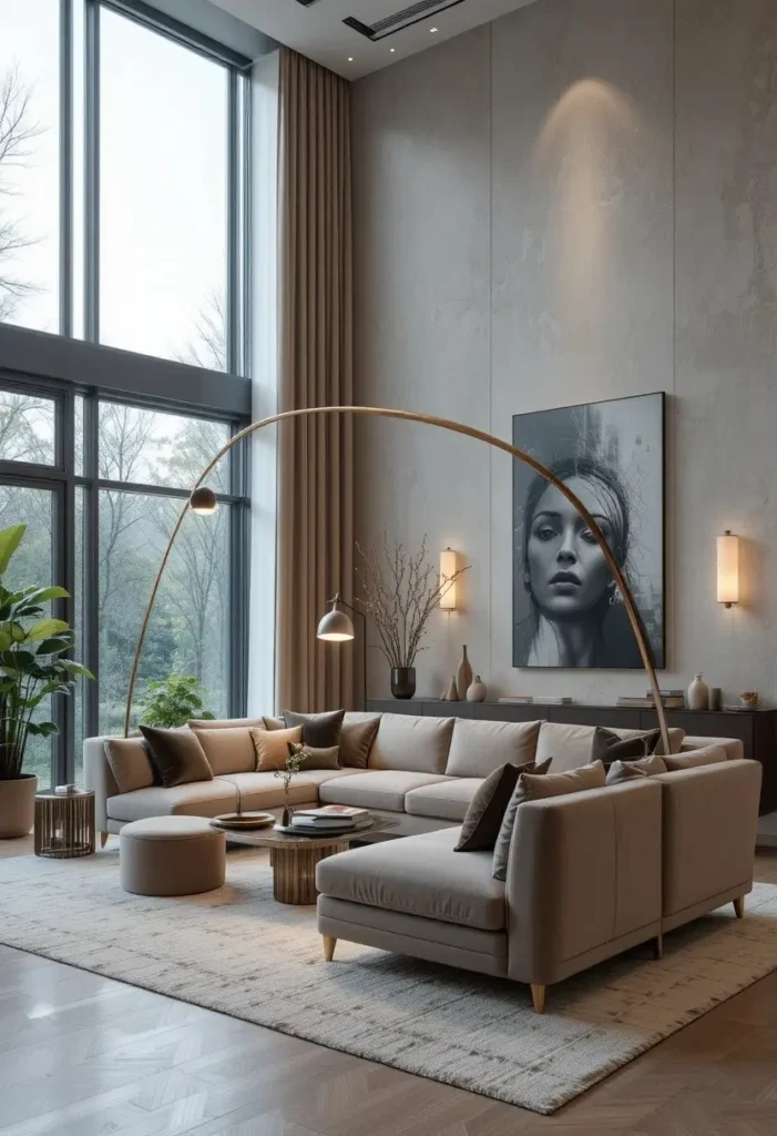 Large arc floor lamp curving over a sofa to create dramatic living room lighting.
