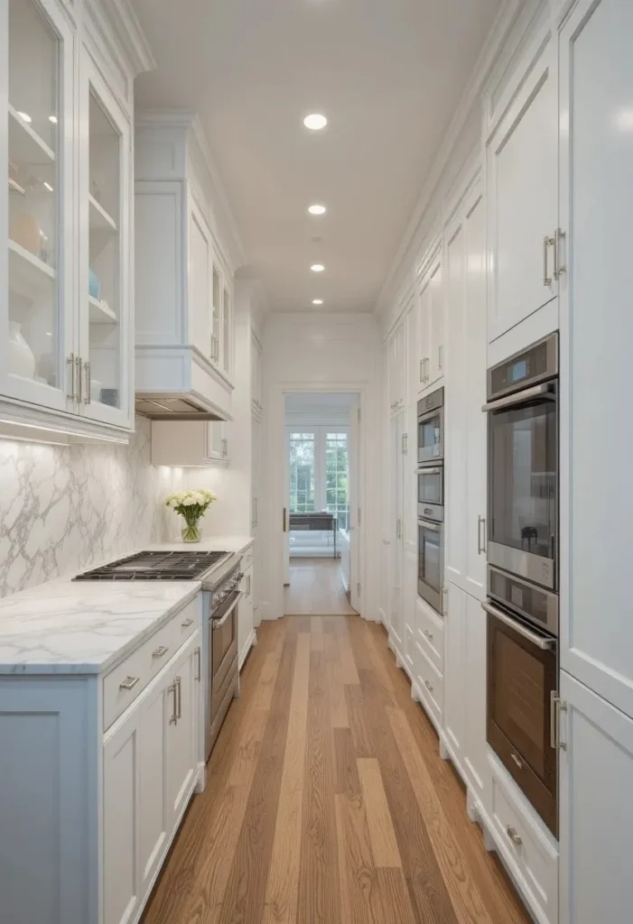 Galley kitchen with floor-to-ceiling cabinetry maximizing storage and creating a custom look.