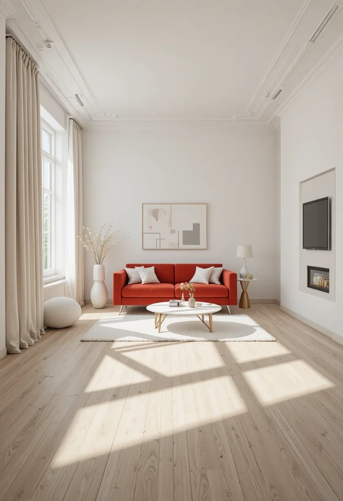 Red couch standing out in a bright white and cream minimalist living room.