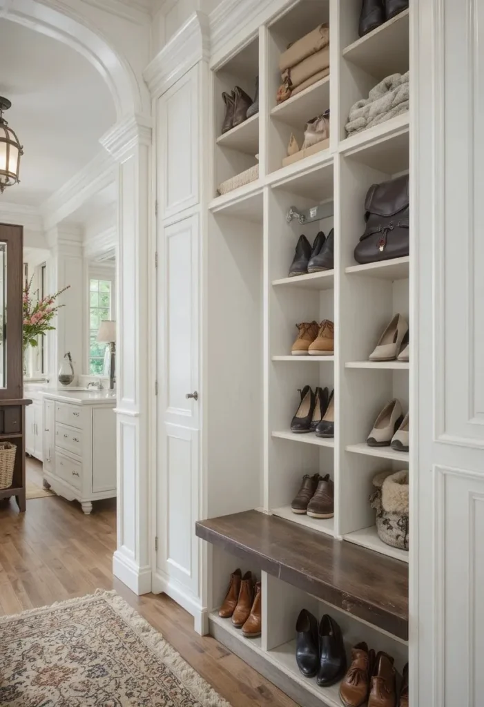 Built-in cubby shelves providing organized shoe storage near an entrance.