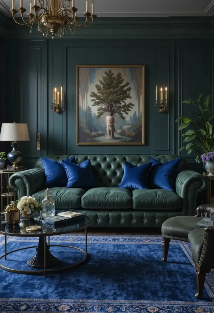 Green leather couch paired with navy blue accents for a sophisticated look.