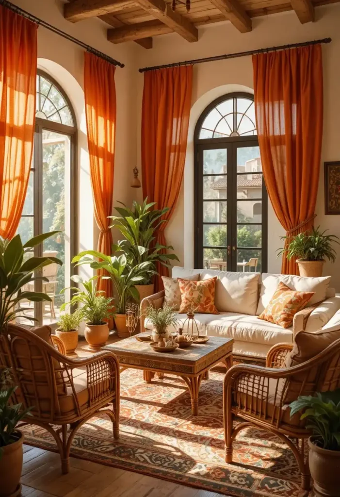 Terracotta curtains warming up a living room with natural decor.
