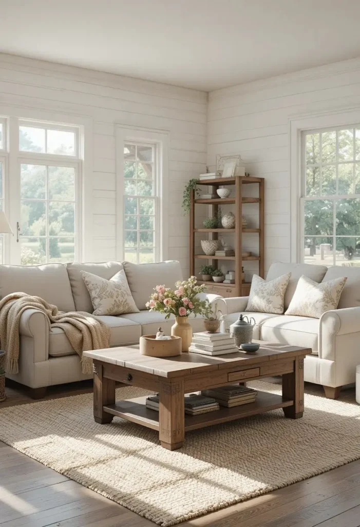 White shiplap farmhouse living room with cozy neutral decor and warm rustic charm.